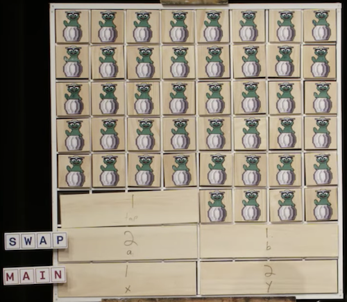 Stack section with (a, b, tmp) labeled swap, above (x, y) labeled main