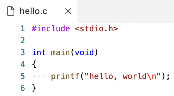panel labeled 'hello.c' with hello, world program as contents