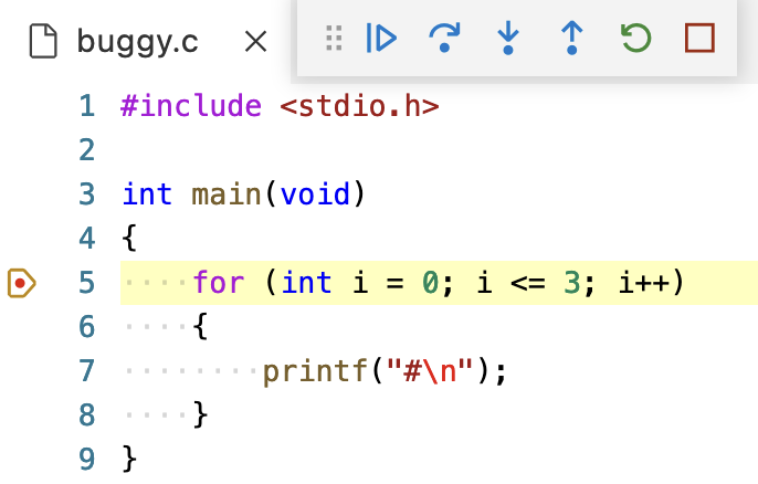 tab labeled buggy.c with red dot in arrow next to line 5 of code, with line 5 highlighted in yellow, and buttons for controlling debugger